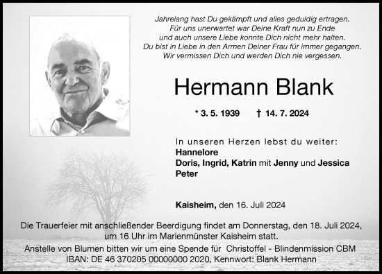 Traueranzeige von Hermann Blank von Donauwörther Zeitung