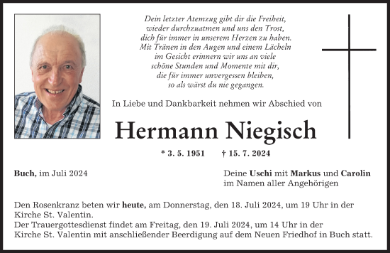 Traueranzeige von Hermann Niegisch von Illertisser Zeitung