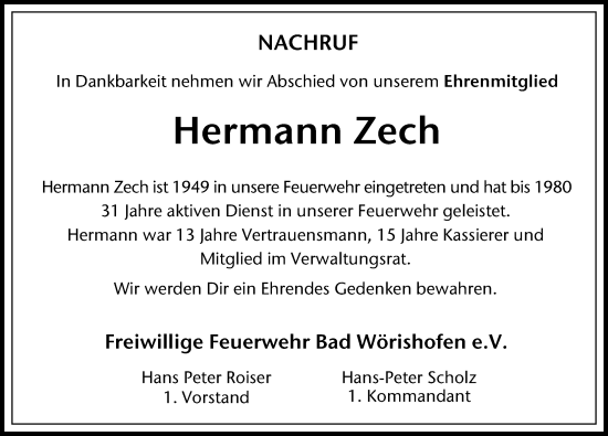 Traueranzeige von Hermann Zech von Mindelheimer Zeitung