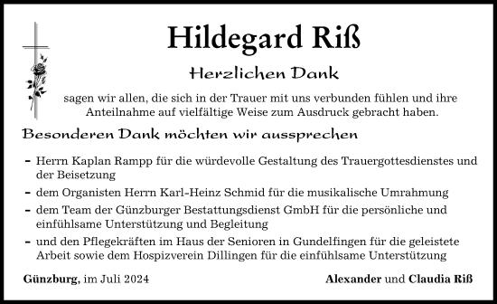 Traueranzeige von Hildegard Riß von Günzburger Zeitung