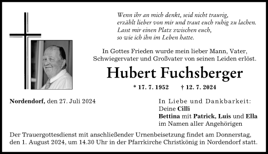 Traueranzeige von Hubert Fuchsberger von Augsburger Allgemeine