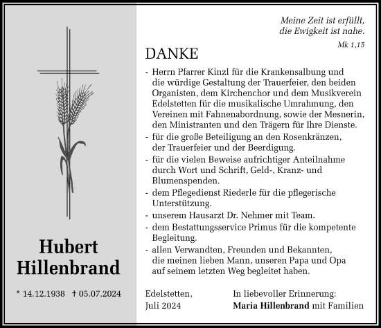 Traueranzeige von Hubert Hillenbrand von Mittelschwäbische Nachrichten