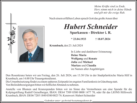 Traueranzeige von Hubert Schneider von Günzburger Zeitung, Mittelschwäbische Nachrichten