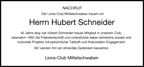 Traueranzeige von Hubert Schneider von Mittelschwäbische Nachrichten