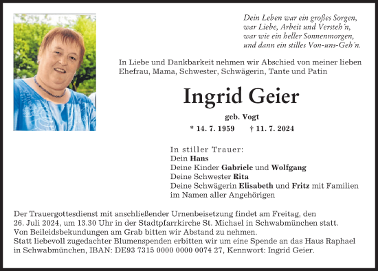 Traueranzeige von Ingrid Geier von Schwabmünchner Allgemeine