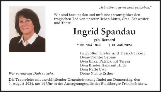 Traueranzeige von Ingrid Spandau von Augsburger Allgemeine