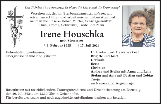 Traueranzeige von Irene Houschka von Aichacher Nachrichten