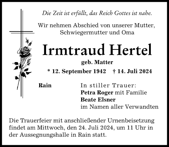 Traueranzeige von Irmtraud Hertel von Donauwörther Zeitung