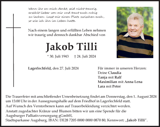 Traueranzeige von Jakob Tilli von Augsburger Allgemeine, Schwabmünchner Allgemeine