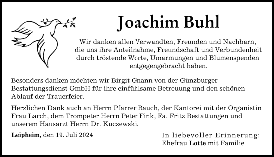 Traueranzeige von Joachim Buhl von Günzburger Zeitung