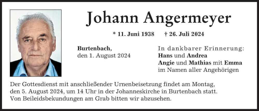  Traueranzeige für Johann Angermeyer vom 01.08.2024 aus Günzburger Zeitung