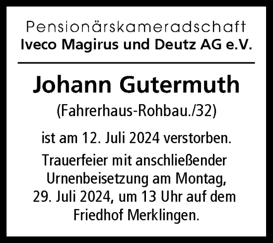 Traueranzeige von Johann Gutermuth von Illertisser Zeitung, Günzburger Zeitung, Neu-Ulmer Zeitung