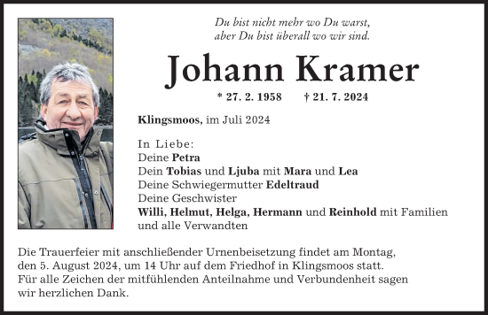 Traueranzeige von Johann Kramer von Neuburger Rundschau