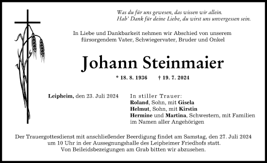 Traueranzeige von Johann Steinmaier von Günzburger Zeitung