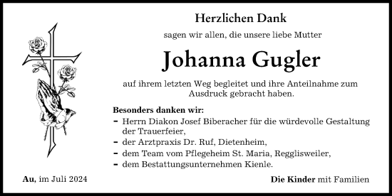 Traueranzeige von Johanna Gugler von Illertisser Zeitung