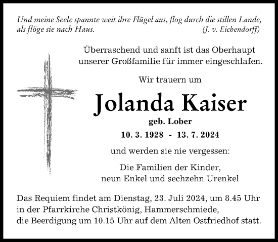 Traueranzeige von Jolanda Kaiser von Augsburger Allgemeine
