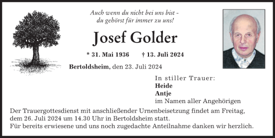 Traueranzeige von Josef Golder von Neuburger Rundschau