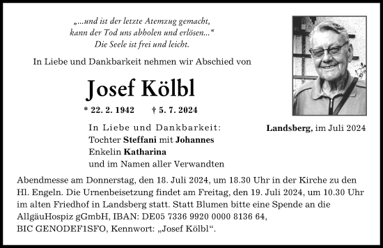 Traueranzeige von Josef Kölbl von Landsberger Tagblatt