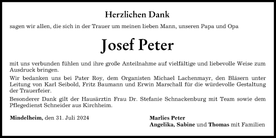 Traueranzeige von Josef Peter von Mindelheimer Zeitung