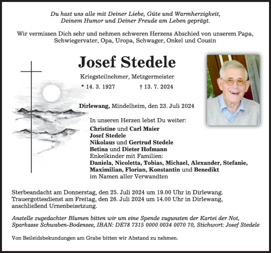Traueranzeige von Josef Stedele von Mindelheimer Zeitung