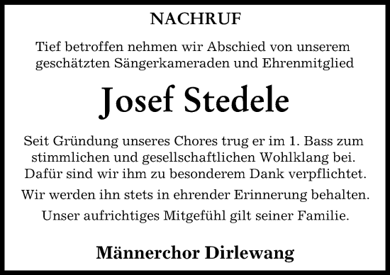 Traueranzeige von Josef Stedele von Mindelheimer Zeitung