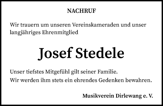 Traueranzeige von Josef Stedele von Mindelheimer Zeitung