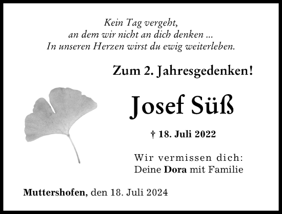 Traueranzeige von Josef Süß von Augsburg-Land