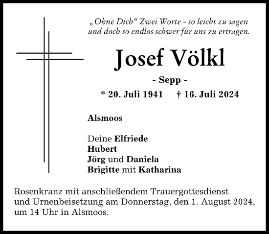 Traueranzeige von Josef Völkl von Aichacher Nachrichten
