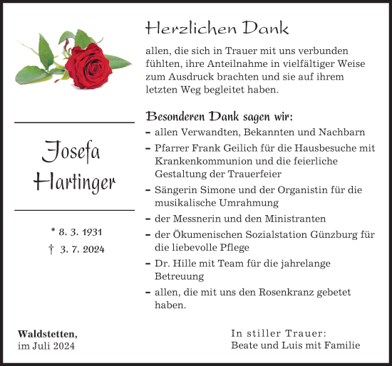 Traueranzeige von Josefa Hartinger von Günzburger Zeitung
