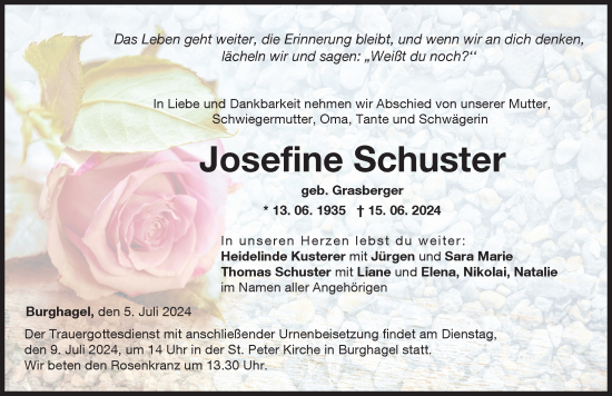 Traueranzeige von Josefine Schuster von Donau Zeitung