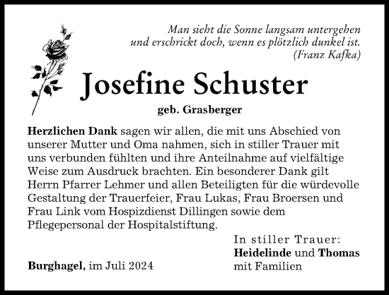 Traueranzeige von Josefine Schuster von Donau Zeitung