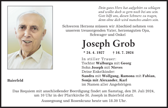Traueranzeige von Joseph Grob von Donauwörther Zeitung