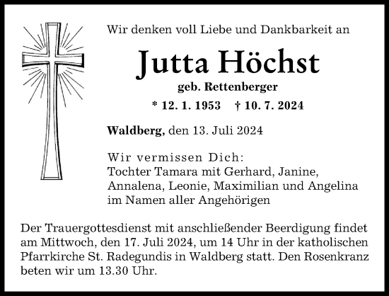 Traueranzeige von Jutta Höchst von Augsburger Allgemeine