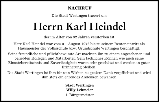 Traueranzeige von Karl Heindel von Wertinger Zeitung