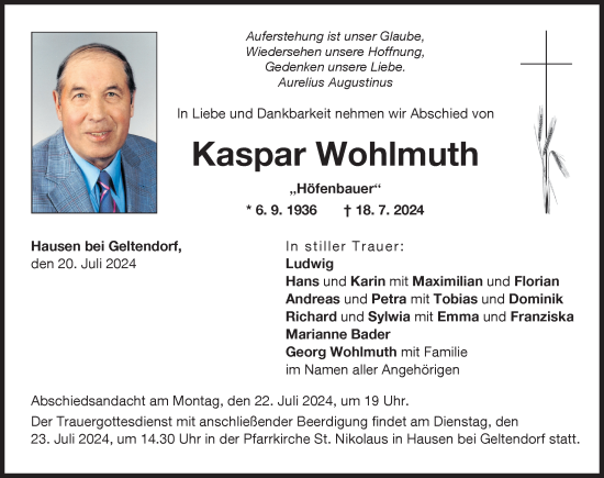 Traueranzeige von Kaspar Wohlmuth von Landsberger Tagblatt