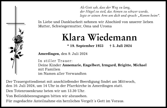 Traueranzeige von Klara Wiedemann von Rieser Nachrichten