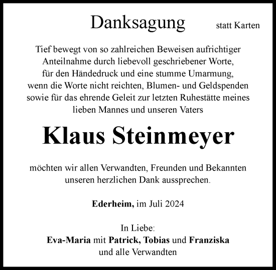 Traueranzeige von Klaus Steinmeyer von Rieser Nachrichten
