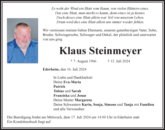 Traueranzeige von Klaus Steinmeyer von Rieser Nachrichten