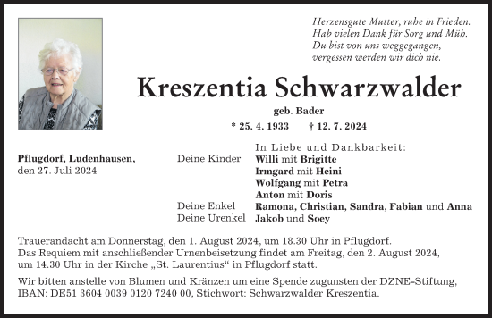 Traueranzeige von Kreszentia Schwarzwalder von Landsberger Tagblatt