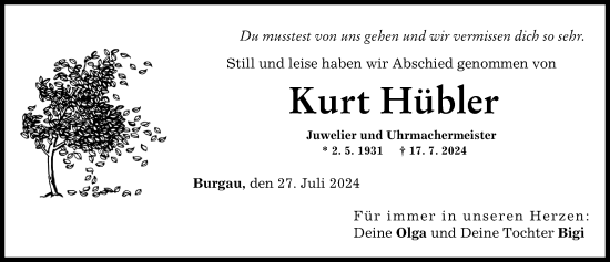 Traueranzeige von Kurt Hübler von Günzburger Zeitung