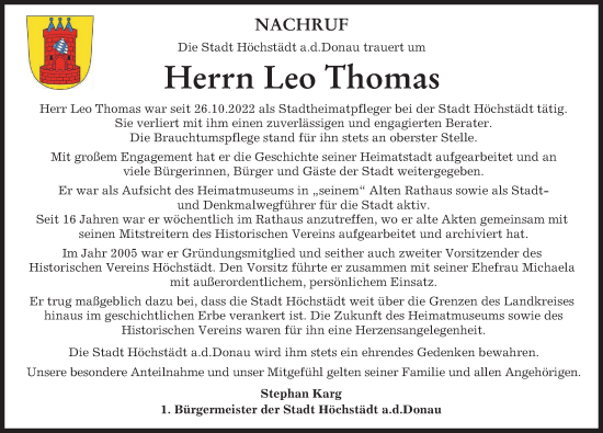 Traueranzeige von Leo Thomas von Donau Zeitung