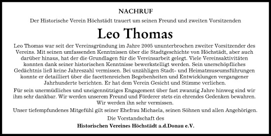 Traueranzeige von Leo Thomas von Donau Zeitung