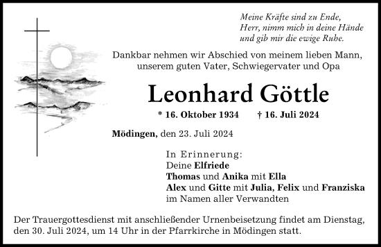 Traueranzeige von Leonhard Göttle von Donau Zeitung