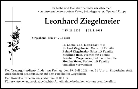 Traueranzeige von Leonhard Ziegelmeier von Donauwörther Zeitung