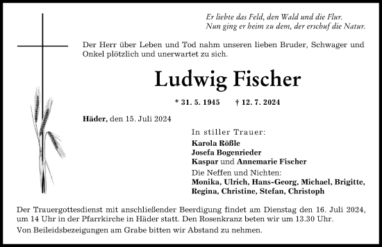 Traueranzeige von Ludwig Fischer von Augsburg-Land