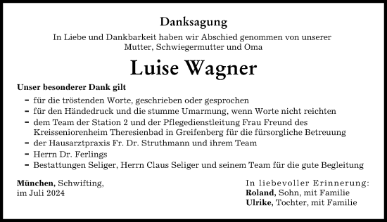 Traueranzeige von Luise Wagner von Landsberger Tagblatt