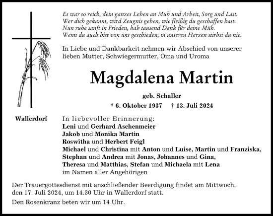 Traueranzeige von Magdalena Martin von Neuburger Rundschau