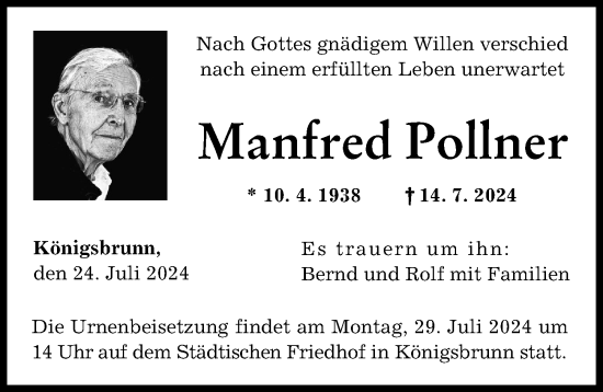 Traueranzeige von Manfred Pollner von Schwabmünchner Allgemeine