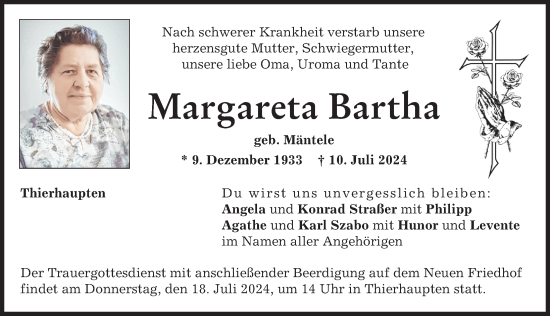 Traueranzeige von Margareta Bartha von Augsburg-Land