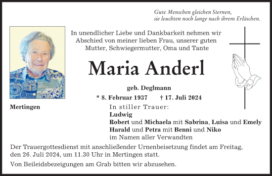 Traueranzeige von Maria Anderl von Donauwörther Zeitung